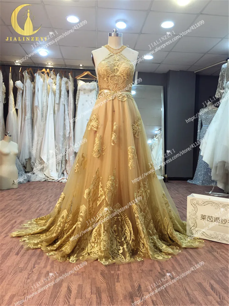 JIALINZEYI New Sexy Halter Gold Lace Embroidery See Through A-line Backlless Formal Dresses Party Evening Dresses 2020