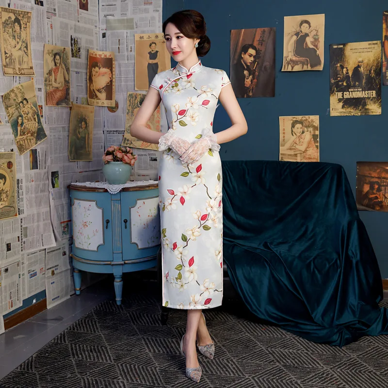 2019 длинное шелковое платье Qipao в китайском стиле элегантное платье-Ципао |