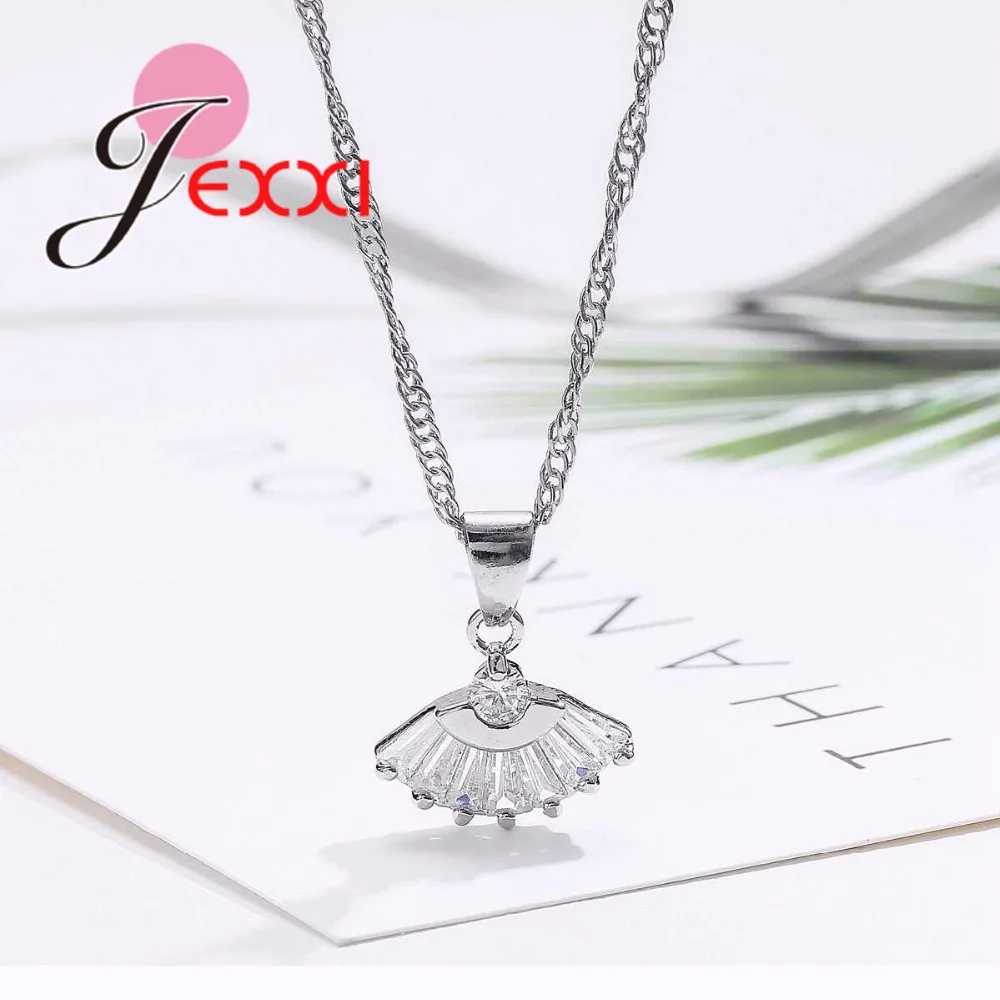 

Fan Shape Crystal Bridal Jewelry Sets 925 Sterling Silver Pendant Necklace Earrings Wedding Jewelry Set for Women
