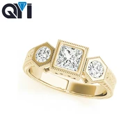qyi 0 8 ct square cut three stones 14k yellow gold rings luxury simulated diamond engagement ring for women