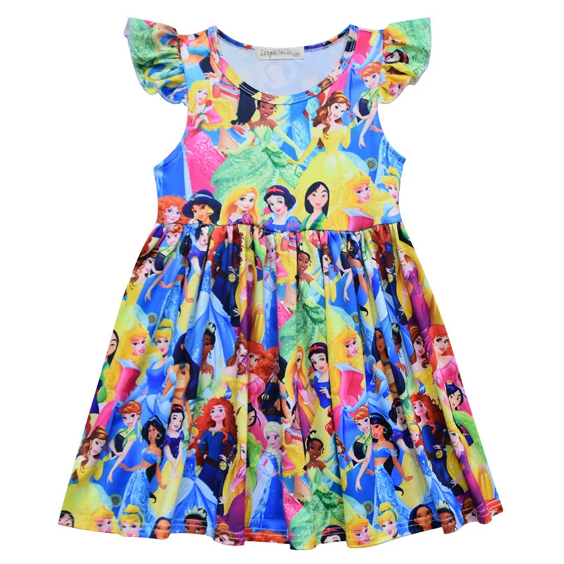 Girl Dress 04 Платье феи принцессы с принтом единорога, Микки, динозавра, Белоснежки, жасмина, Белль, Эльза, одежда с принтом, платья с рукавами-крылышками - Цвет: Girl Dress 04