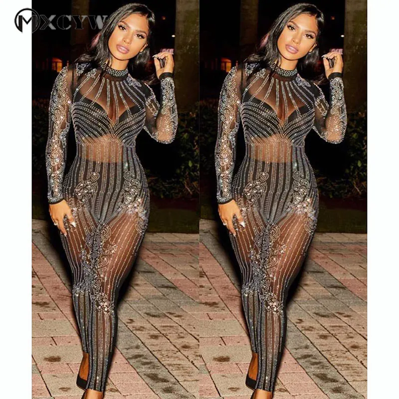 silm Sexy Jumpsuit Fashion Sequins Bodysuit Mesh Trousers Long Sleeves Round Neck Nightclub Perspective Hollow Women Clothing | Женская