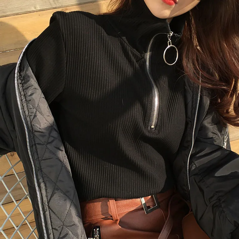Autumn Winter Women Zipper Sweaters Causal Turtleneck Long Sleeve Knitted Bottom Pullovers Red Black women clothing | Женская одежда