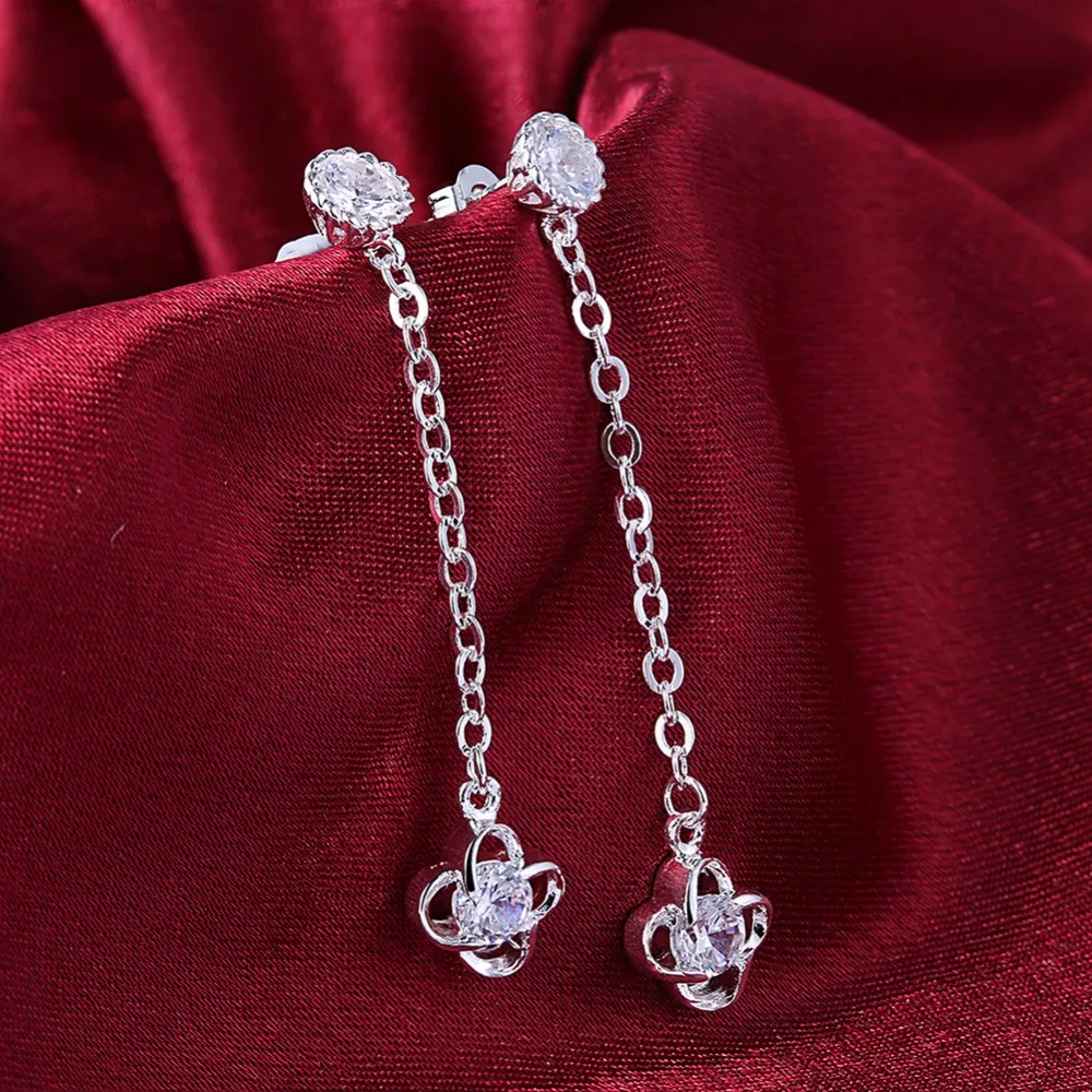 Four leaves Drop Earring 100% Real 925 Jewelry SILVER PLATED High Quality AAA Zircon Double Earrings For Women | Украшения и