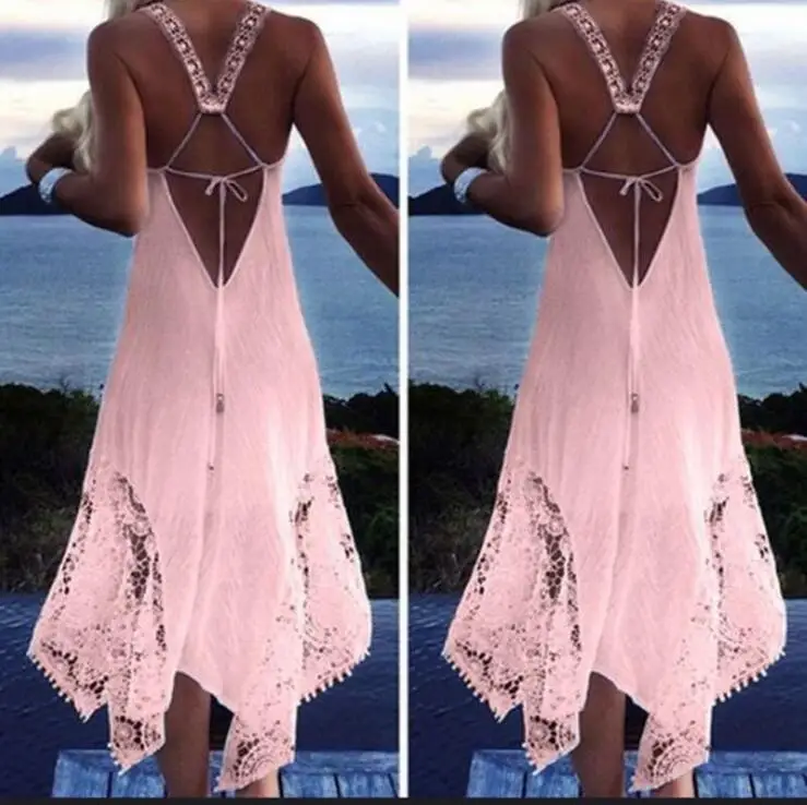 Fashion Women Party Dress 2018 Sexy lace halter Sleeveless beachwear Summer Female swing backless sundress Plus Size 5XL | Женская