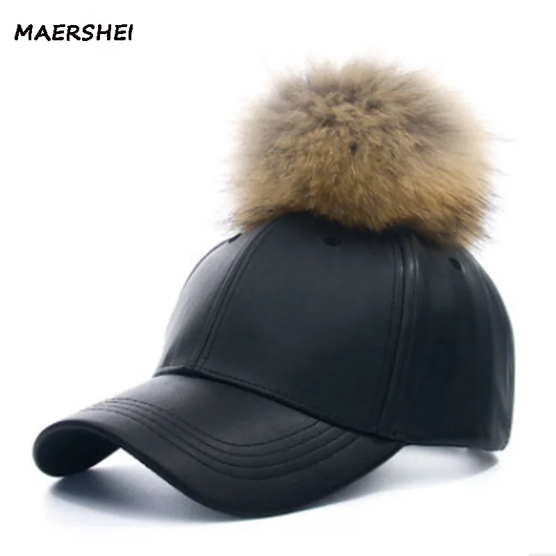 MAERSHEI, женская модная бейсболка с натуральным мехом, теплая Повседневная шапка для девочки, бейсболка, шапка с помпоном, кожаная кепка в стиле хип-хоп, кепка s