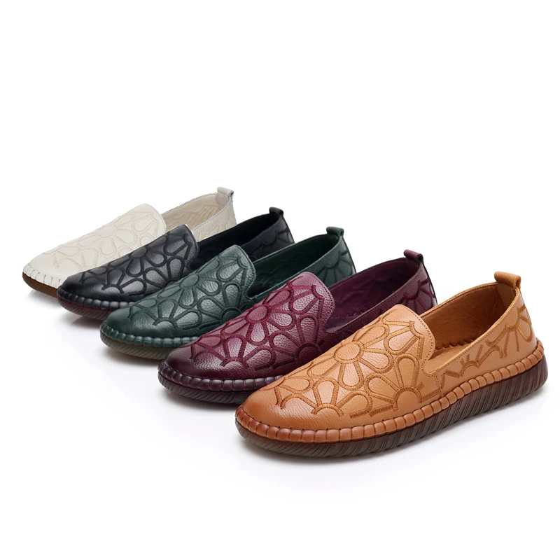 GKTINOO Casual Genuine Leather Flat Shoe Flower Slip On Driving Shoe Female Moccasins Embroider Flats Lady Pregnant Women Shoes