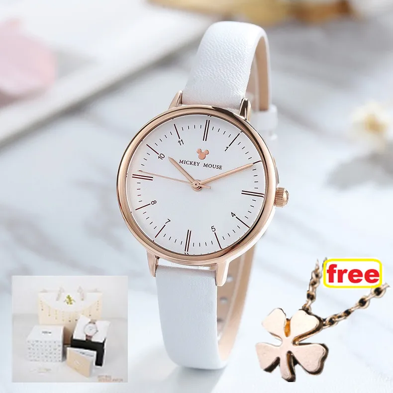 WHITE-BOX GIFT Disney часы женские новые модные простые кожаные женские часы девушка часы белый черный Микки Маус кварцевые наручные часы Montre Femme - Цвет: WHITE-BOX GIFT