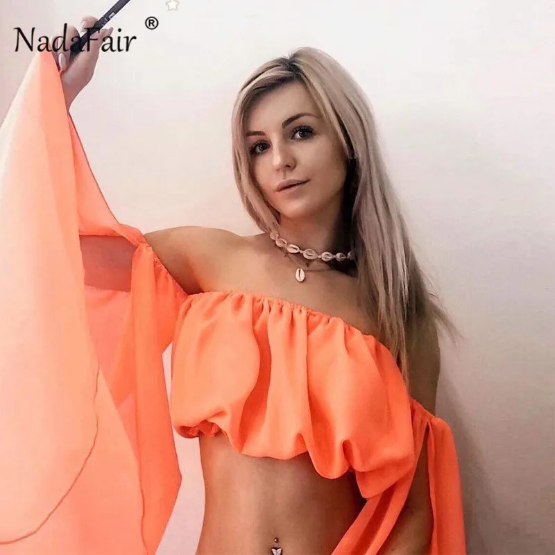 Nadafair неоновый топ с открытыми плечами и блузки женские оранжевые вырезом