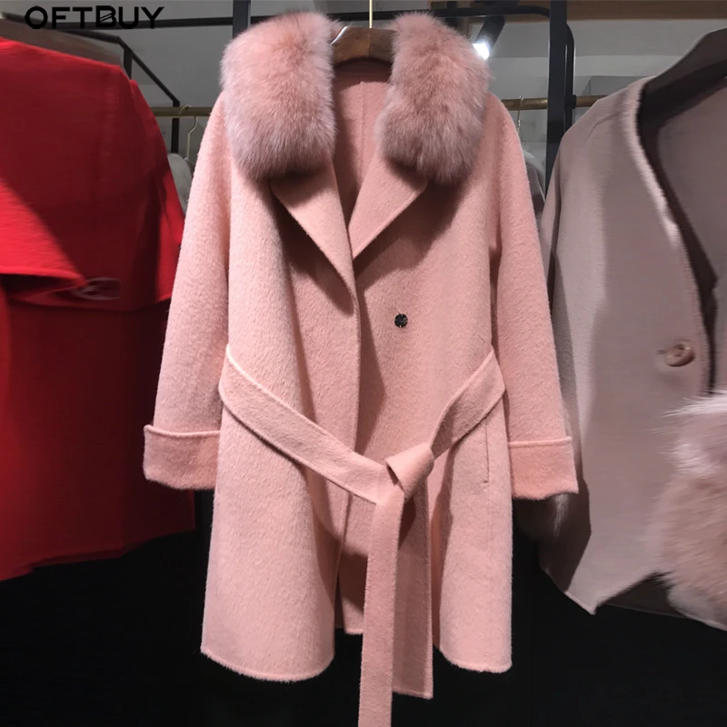Женское пальто из 100% шерсти OFTBUY розовое теплое уличное с воротником лисьего меха