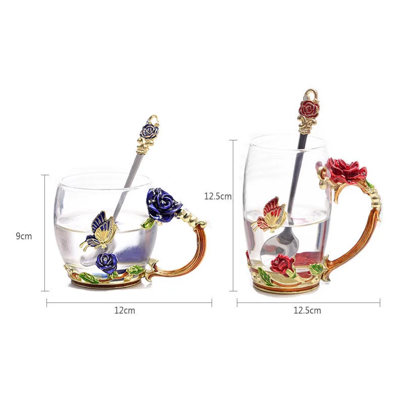 Beauty And Novelty Enamel Coffee Cup Mug Flower Tea Glass Cups for Hot and Cold Drinks Tea Cup Spoon Set Perfect Wedding Gift