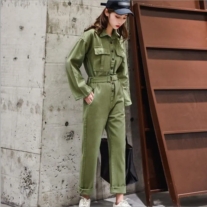 army green Модная уличная одежда, стильные джинсовые комбинезоны для женщин, осень, длинные рукава, комбинезоны с завышенной талией, бодикон, комбинезон с широкими штанинами - Цвет: army green