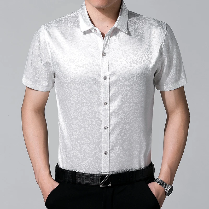 Мужская шелковая рубашка с коротким рукавом цветочным принтом|mens silk dress shirt|silk