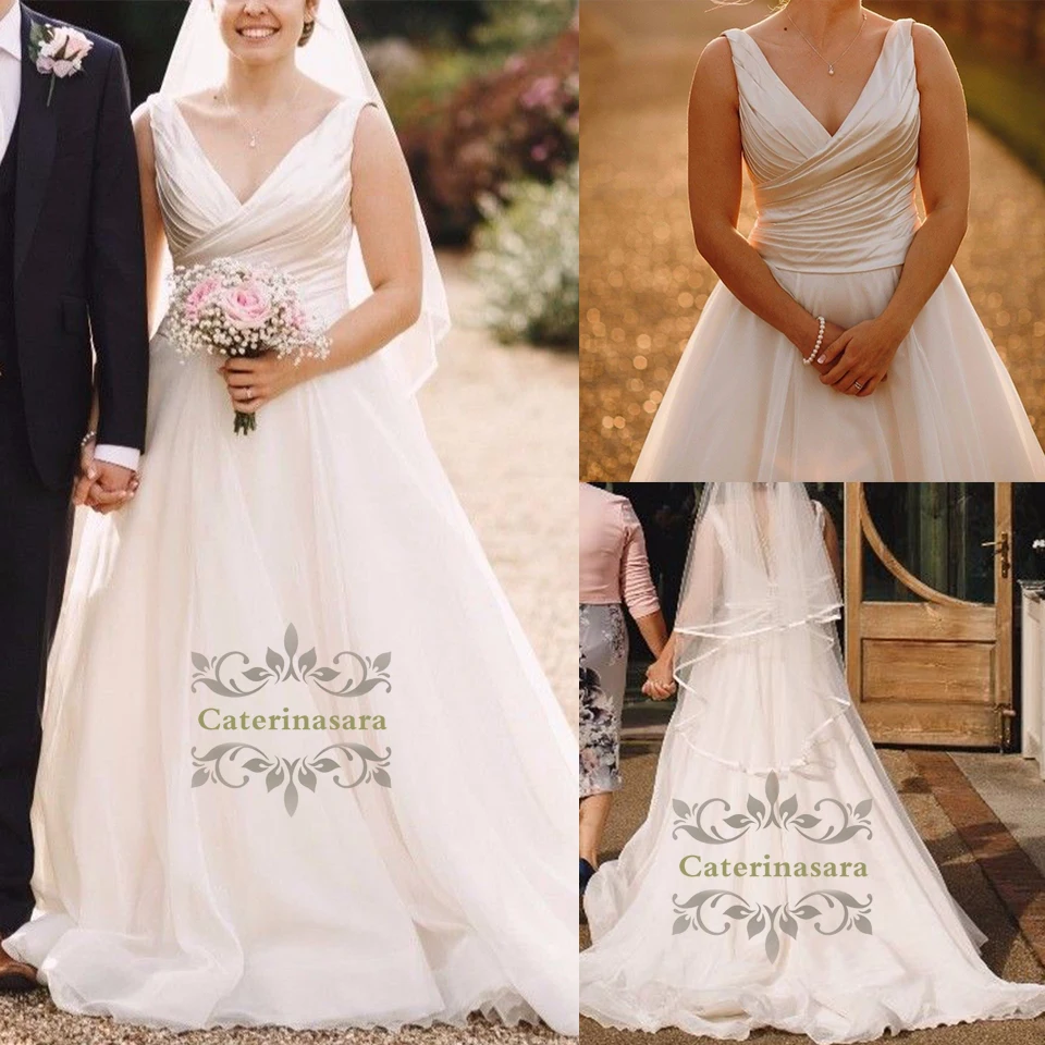 

Ball Gown V Neck Sweep Brush Train Wedding Dresses Satin / Tulle Over Bride Gowns Made-To-Measure Ruffles Outdoor Party