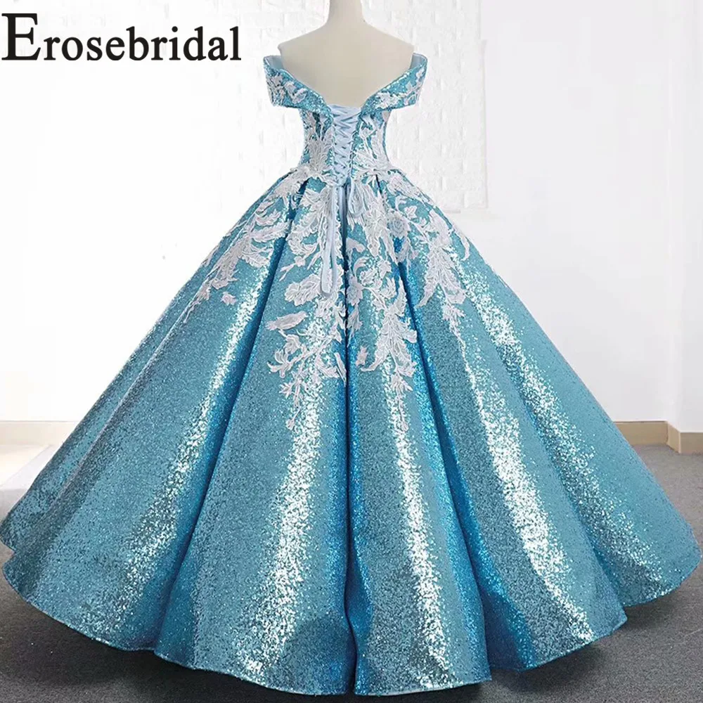 Женское платье с открытыми плечами Erosebridal лазурное V-образным вырезом длинное