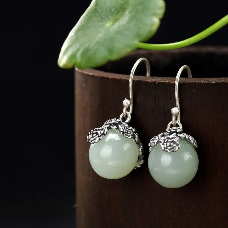 2018 Promotion Time-limited Brinco S925 Pure Antique Inlaid Natural Hetian Jade Bead Lady High-end Earrings Wholesale | Украшения и