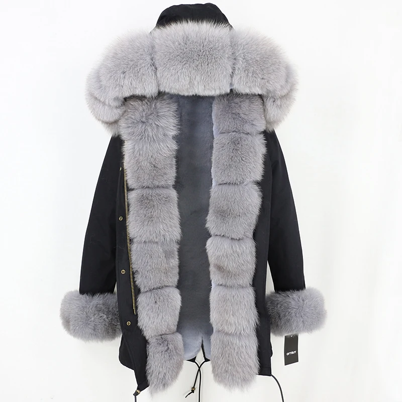 black grey OFTBUY, Длинные парки, зимняя куртка, Женское пальто из натурального меха, натуральный Лисий мех, Отделка капюшона, черная верхняя одежда, уличная одежда, толстая теплая парка - Цвет: black grey