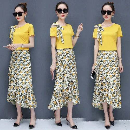 

Шифоновый женский летний костюм с принтом Conjunto Feminino, Женский костюм с юбкой, комплект ансамбль Femme Survetement, женский костюм