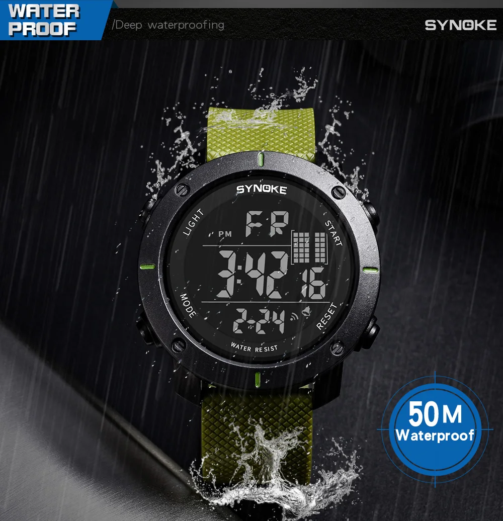SYNOKE Sports Watch Men Digital Watches Waterproof Fashion Electronic Wristwatches Date Rubber Clock Black Military Watch
