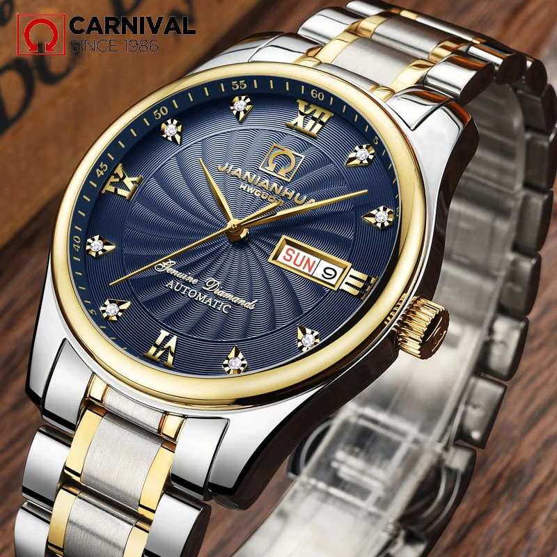 

2017 CARNIVAL Diamond Scale Classic Mechanical Men Watch TopBrand Luxury Gold Bezel Steel Waterproof Business Casual Wrist Watch