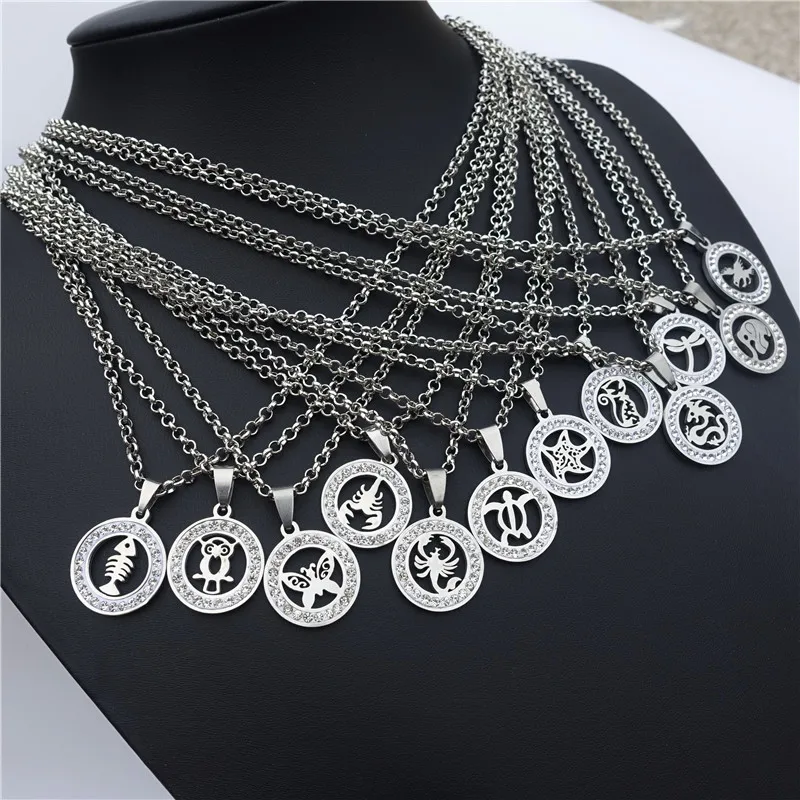 

12 Pieces Stainless Steel Animals Necklace Cat Fish Bone Elephant Owl Bird Langouste Sea Star Turtle Dragon Butterfly Pendant