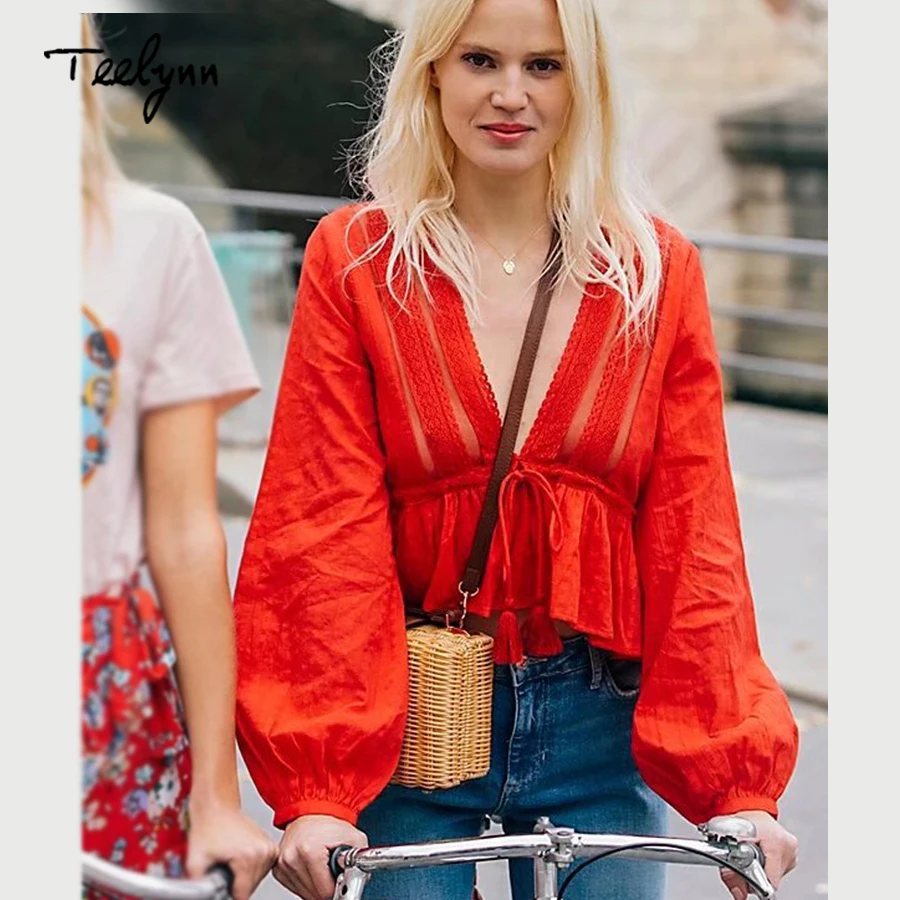 TEELYNN короткая Бохо блузка ткань вышивка прозрачное кружево сексуальный v