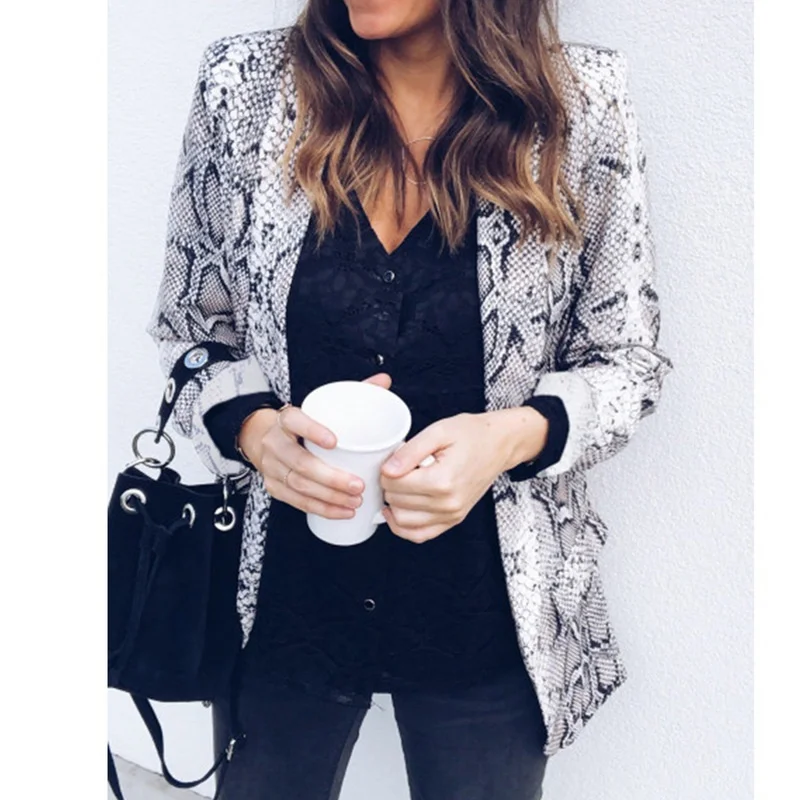 Wenyujh Women Sexy Leopard Snake Print Blazer Long Sleeve Notched Collar Pockets Suits Blazer Female Coat Outerwear Tops