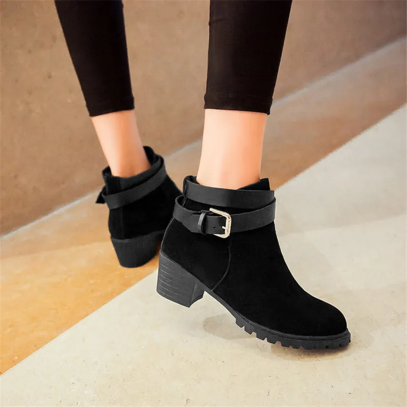 Женские ботильоны на среднем каблуке ENMAYLA демисезонные ботинки из флока с
