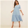 SHEIN модное платье с бусинами и вышитыми манжетами,, голубое весенне-летнее платье с коротким рукавом, туника с заниженной талией, женские платья