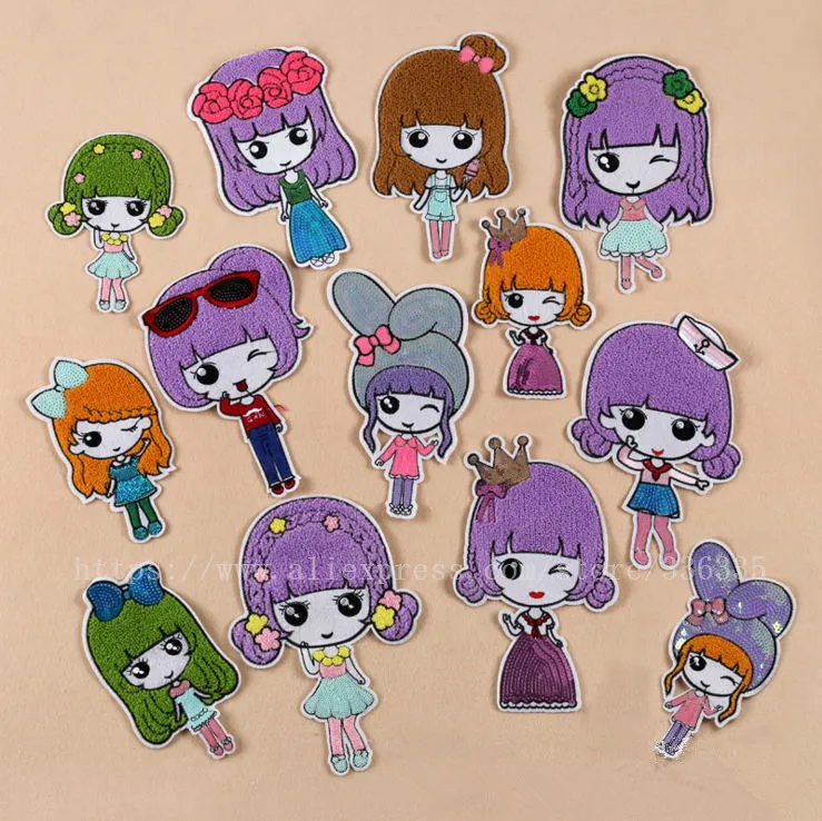 

5 pcs Towel sequin fabric embroidered patch sew on cartoon girl Motif Applique bag garment patch DIY accessory free shipping