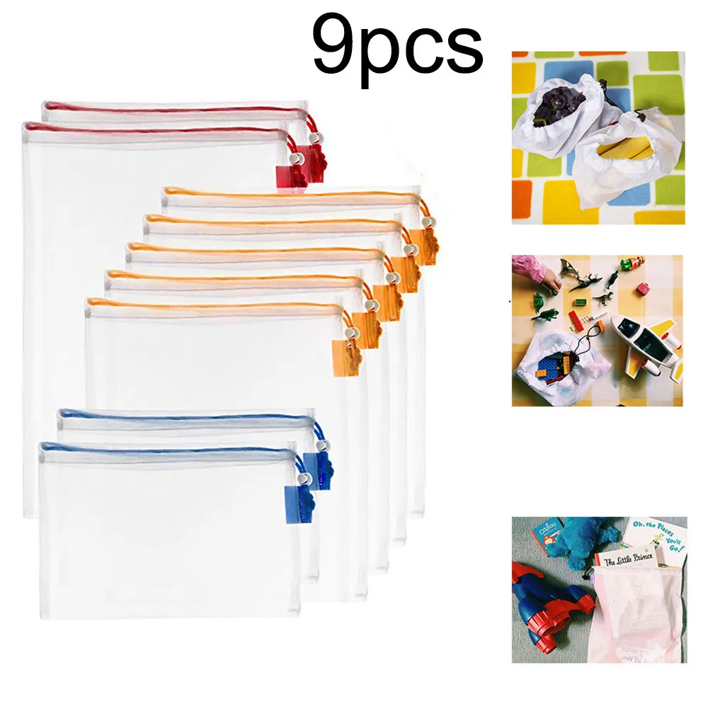 9 шт многоразовые мешки из сетки моющиеся для хранения продуктов фруктов и овощей