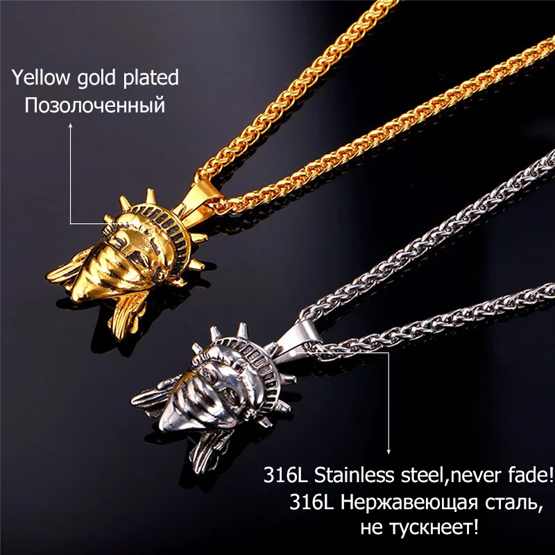 U7 Американский Бунтарь Статуя Свободы Кулон Ожерелье Позолоченные Нержавеющей