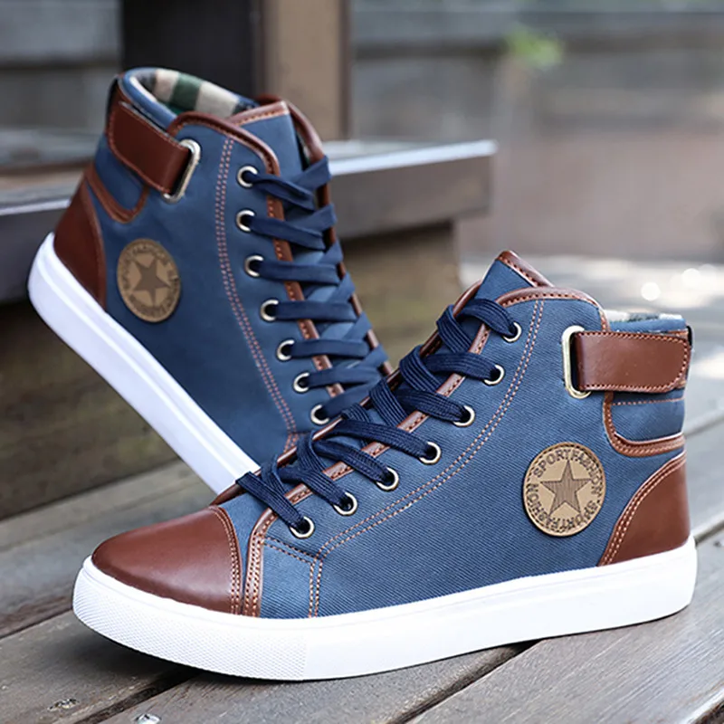 Синий Мужская обувь; Sapatos Tenis Masculino; мужские кожаные ботильоны на шнуровке спереди; сезон осень-зима; мужская повседневная парусиновая обувь с высоким берцем - Цвет: Синий