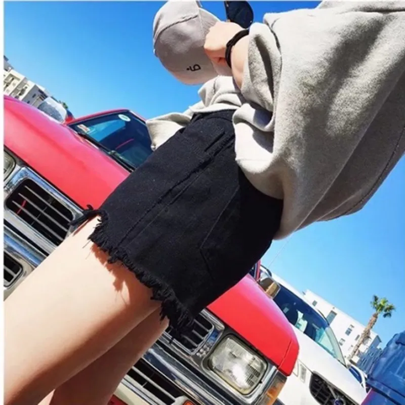 MOMOECHO 2018 Лето женский Черный Sexy Denim кисточкой джинсы Соблазнительные шорты