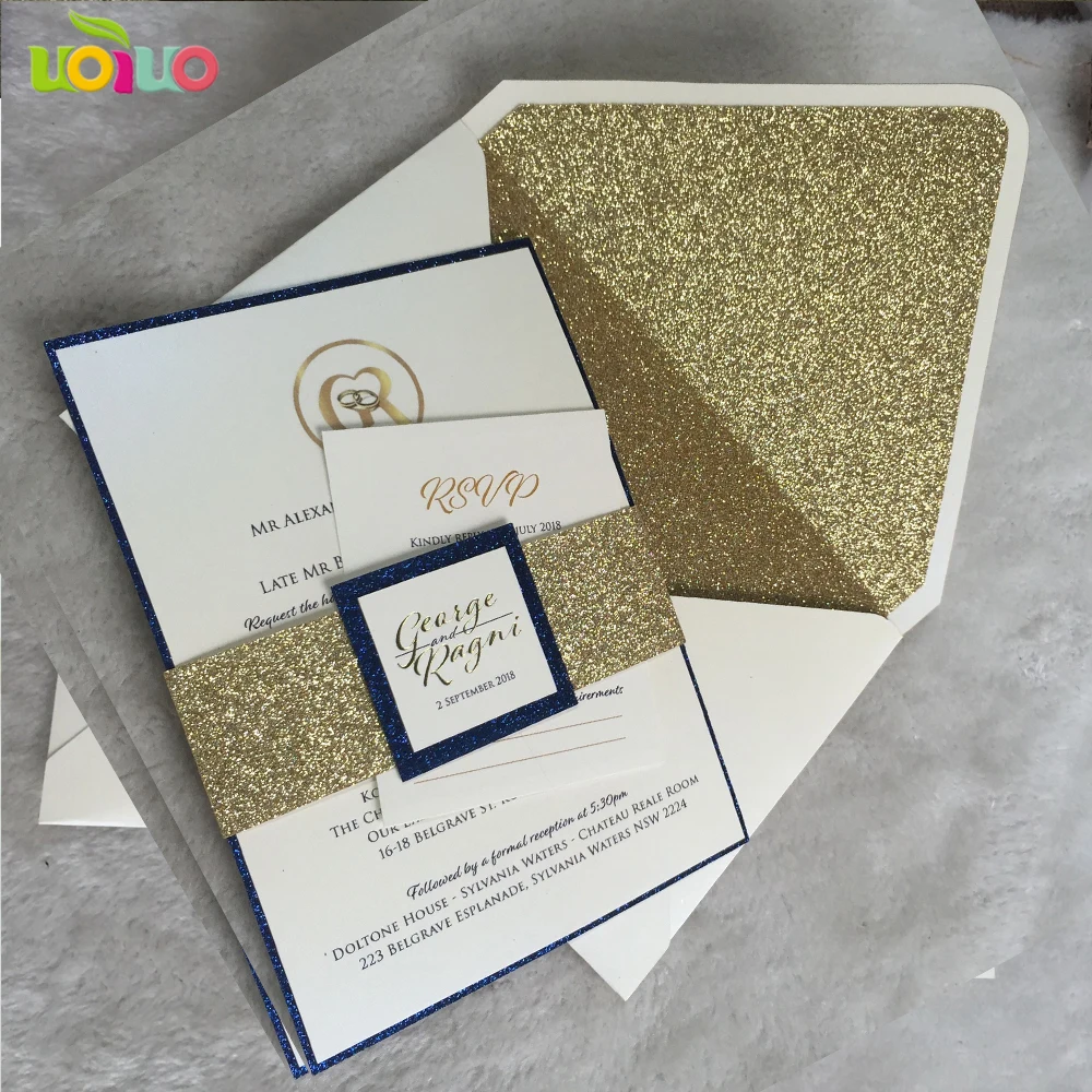 

DIY customize 10pcs Laser Cut Wedding invitations Card Wedding glitter gold envelope,glitter belly band,glitter insert print tag