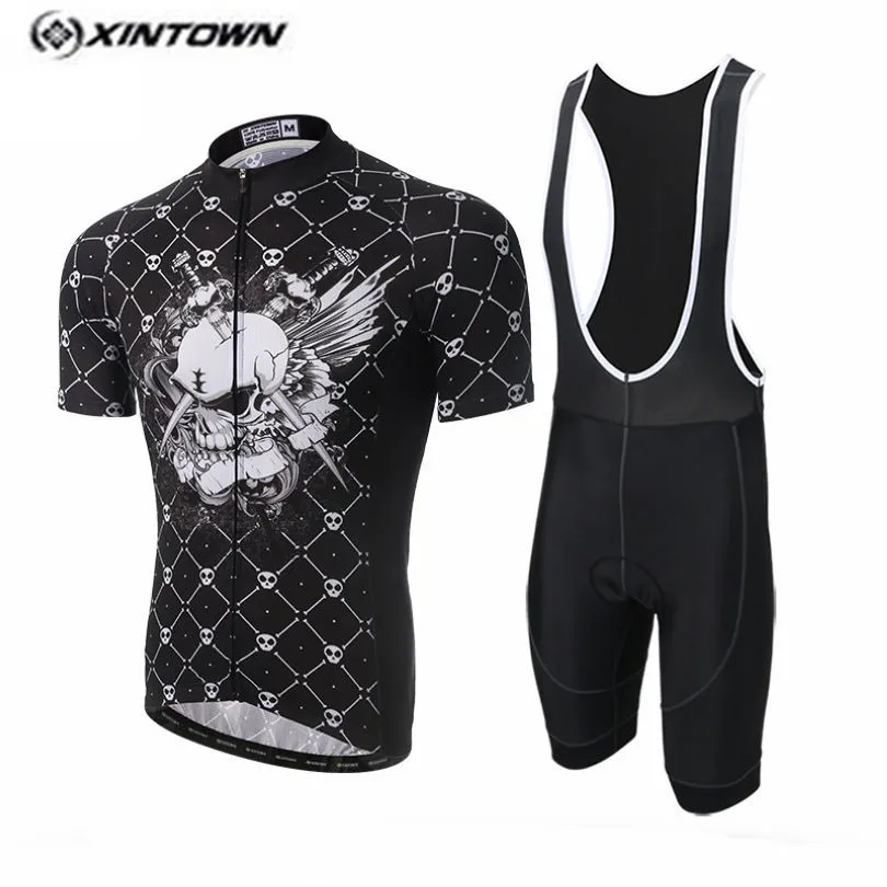 

XINTOWN Black Skull Bike Jersey bib shorts Set Men Cycling Clothing Racing Shirt Ropa Ciclismo Short Sleeve mtb Bicycle blouse