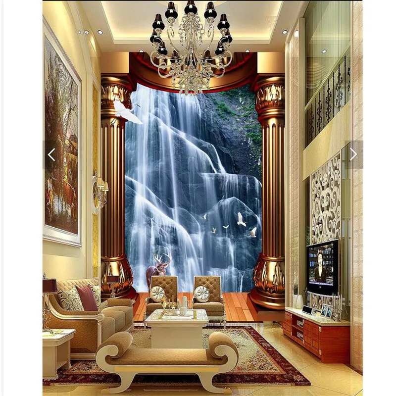 

beibehang wall paper 3d art mural waterfall background golden pillars covering Modern Wall Painting For Living Room wallpaper