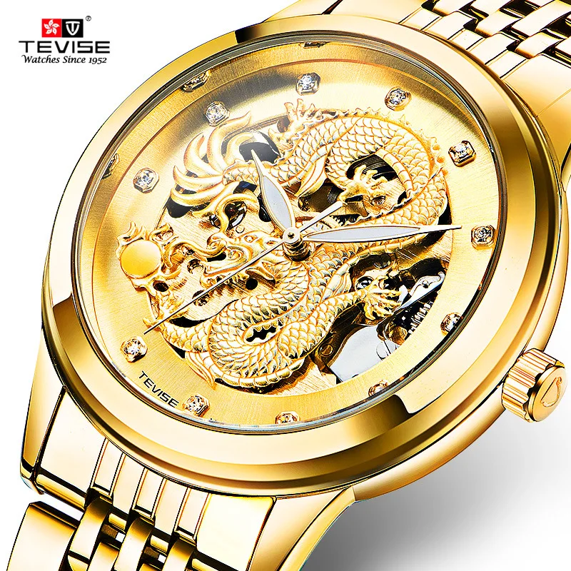 TEVISE Мужские часы с драконом автоматические механические tourbillon модные мужские