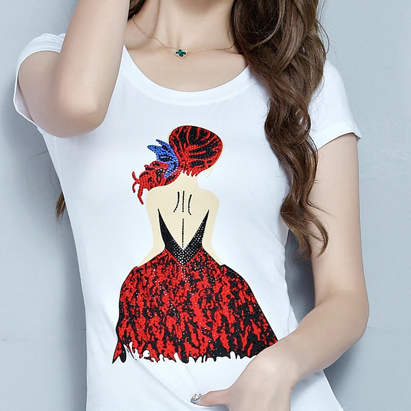 iZevus Summer Short Sleeve Rhinestone Printed Tee Sexy Girls Round Neck Fashion Cotton T-shirt Graphic Tops Shirt | Женская одежда