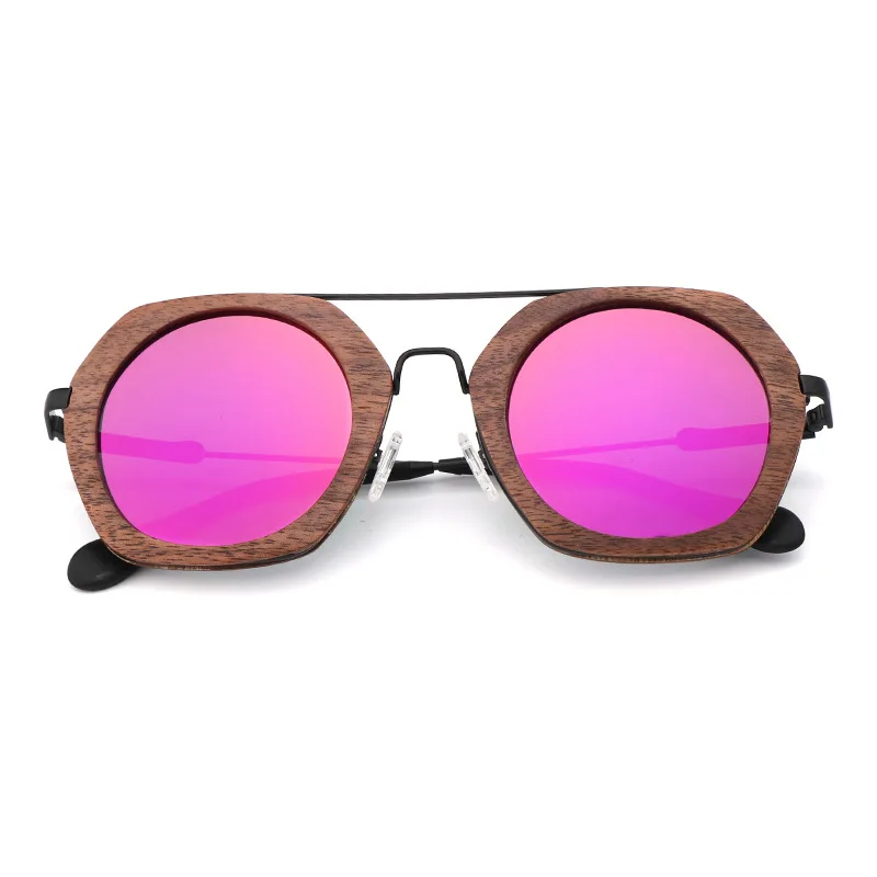 Pink lens Шестигранные большие деревянные солнцезащитные очки для мужчин и женщин, полированные линзы UV400, фирменный дизайн - Цвет линз: Pink lens