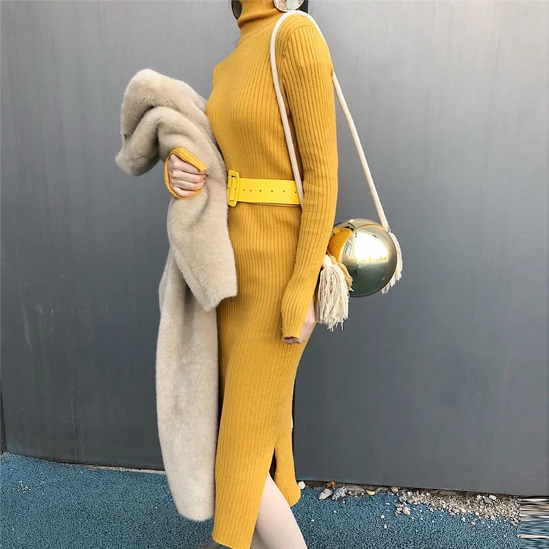 Длинный зимний свитер платье Женская водолазка облегающее трикотажное