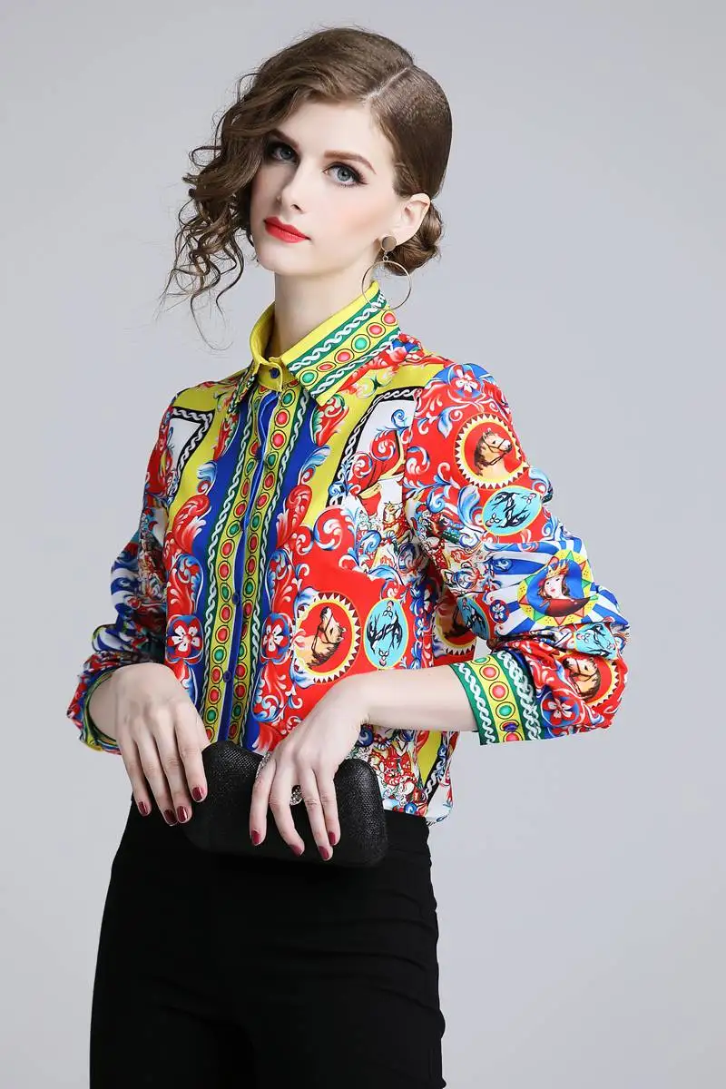 Fashion new Spring Autumn women turn-down collar casual European style pattern print shirts long sleeve office lady work |