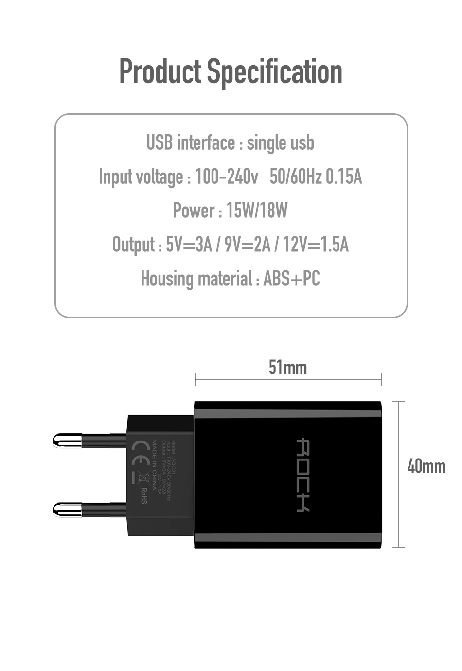 Rock QC 3,0 зарядное устройство с одним разъемом USB адаптер для samsung Xiaomi Быстрая зарядка зарядное устройство для телефона дорожный настенный адаптер для huawei Lg EU Plug