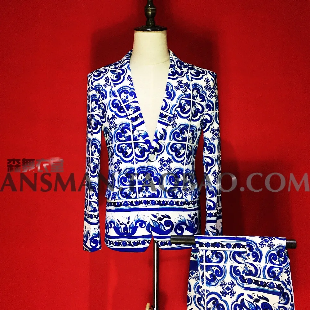 2021 новая мужская одежда певца модный тонкий синий и белый фарфор костюм мужской