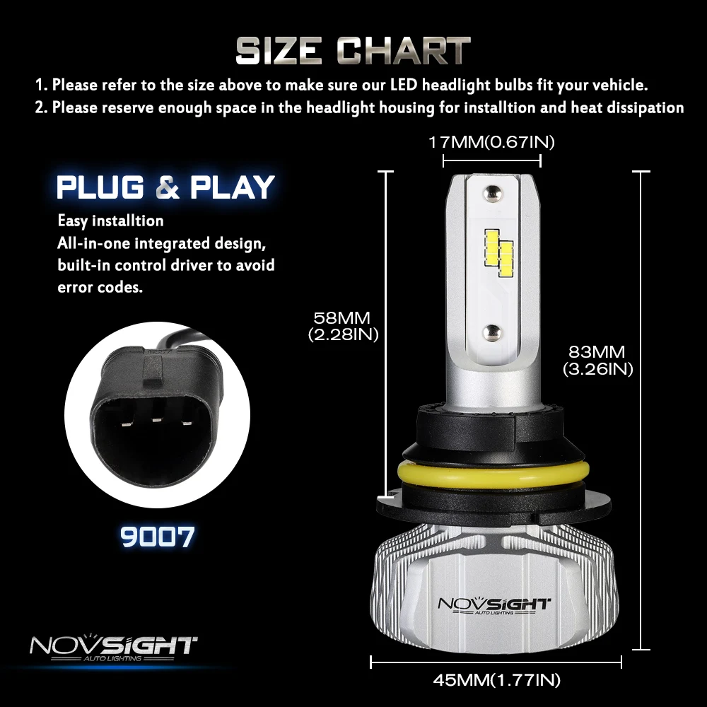 NOVSIGHT H4 H7 светодиодный налобный светильник 9006 9007 H13 автомобильный с сеульским CSP Y19 светодиодный чипы Hi-Lo луч 50 Вт 10000лм 6500 к противотуманный светильник лампа