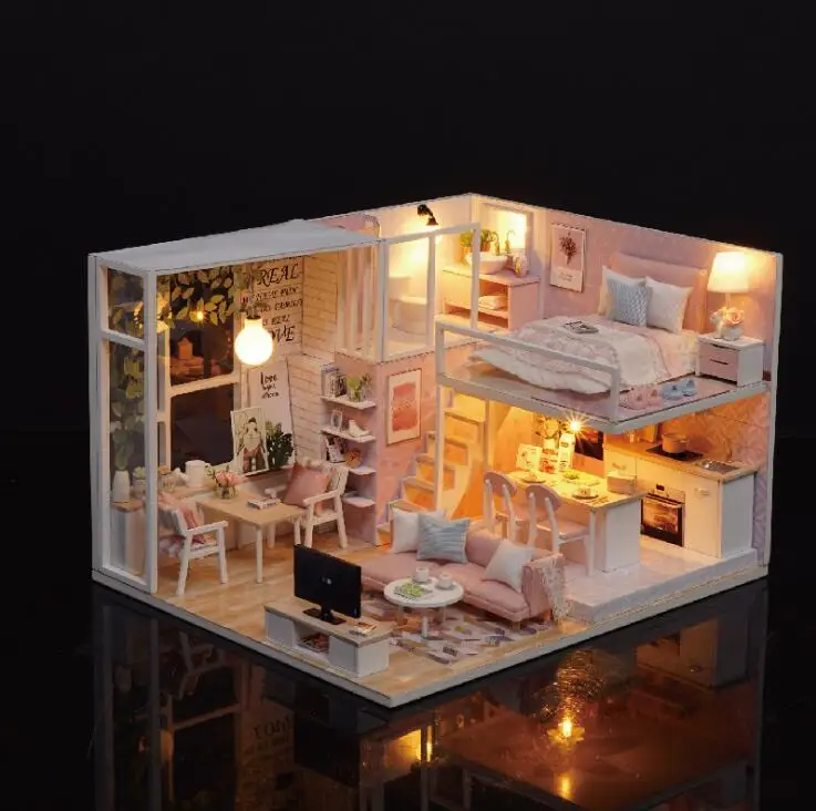 DIY деревянный дом Миниатюрный Кукольный домик с мебелью Miniaturas игрушки светильник