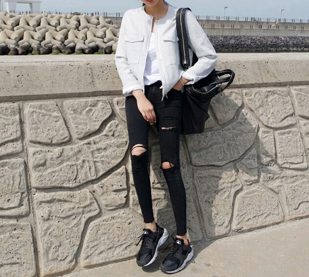 Джинсы женские рваные с завышенной талией Брендовые повседневные узкие брюки