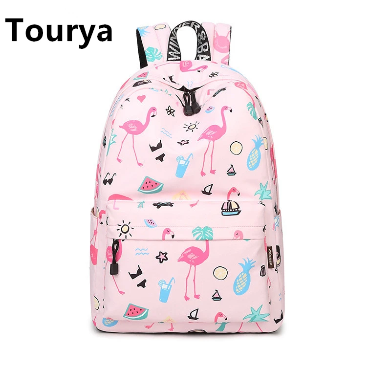 Женский водонепроницаемый рюкзак Tourya Розовый школьный с принтом фламинго и