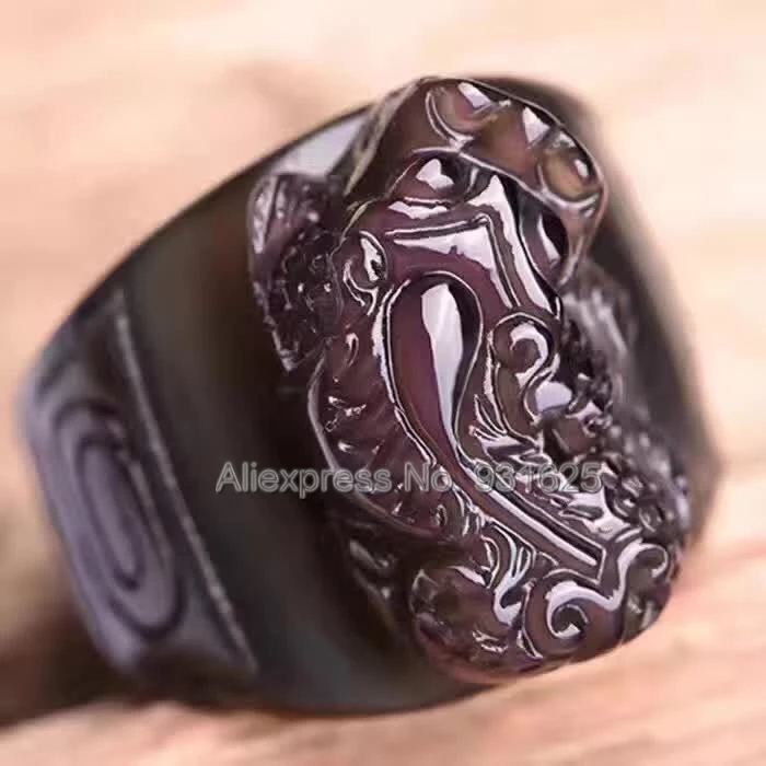 Красивый природный Ice обсидиан резные Pixiu Lucky пальца кольцо моды человека Кольца
