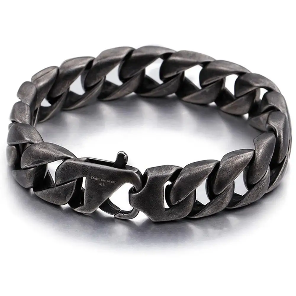 

Granny Chic Punk Style Black Stainless Steel Men Bracelet 15MM Wide Men's Chain Bracelets & Bangles Armband Jewelry